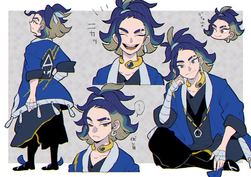1boy adaman_(pokemon) bandaged_arm bandaged_hand bandages black_pants black_shoes blue_hair blue_jacket border brown_eyes closed_mouth collarbone commentary_request earrings eyebrow_cut frown green_hair head_rest highres indian_style jacket jewelry looking_at_viewer looking_to_the_side male_focus mogutory multicolored_hair multiple_views necklace nintendo open_clothes open_jacket open_mouth outside_border pants piercing pokemon pokemon_legends:_arceus ponytail shoes sideways_glance sitting sleeve_cuffs smile tassel teeth tongue v-neck white_border