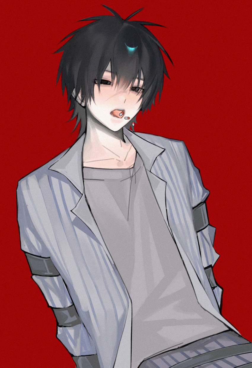 1boy alternate_universe black_eyes black_hair bound bound_arms collarbone collared_shirt dao_gui_yi_xian grey_pants grey_shirt hair_between_eyes highres hospital_gown legbinder li_huowang li_huowang_(modern_world) long_sleeves looking_at_viewer male_focus medicine mouth_hold official_alternate_costume official_alternate_hair_length official_alternate_hairstyle open_clothes open_mouth open_shirt pants red_background restrained scar scar_on_face shigelaogutoukongle shirt short_hair simple_background sitting solo strap striped_clothes striped_pants striped_shirt tongue tongue_hold tongue_out vertical-striped_clothes vertical-striped_pants vertical-striped_shirt