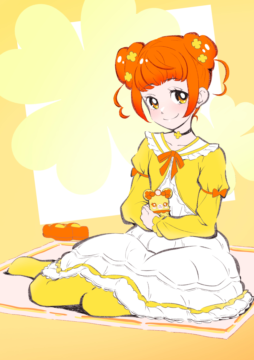 1girl absurdres blunt_bangs choker commentary_request cropped_jacket dokidoki!_precure double_bun dress hair_bun highres itaoka1 orange_hair precure rance_(dokidoki!_precure) shoes unworn_shoes short_hair smile solo white_dress yellow_eyes yotsuba_alice
