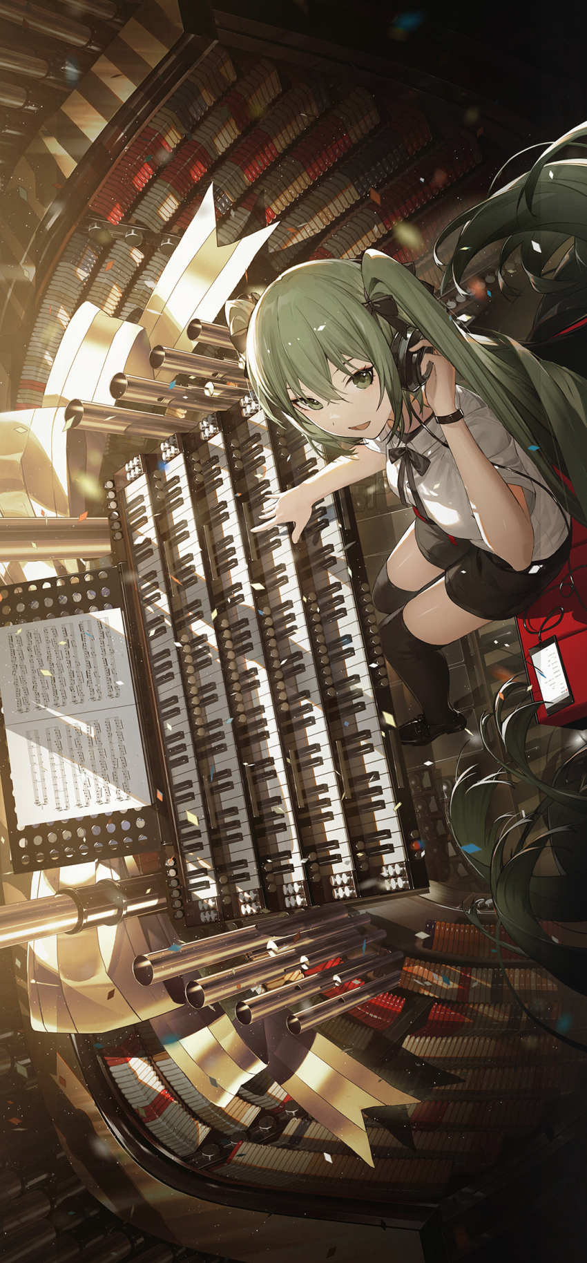 1girl :d black_ribbon black_shoes black_thighhighs green_eyes green_hair hair_ribbon hatsune_miku highres instrument kieed looking_at_viewer music open_mouth organ_(instrument) playing_instrument ribbon sheet_music shoes sitting smile tagme thighhighs twintails vocaloid