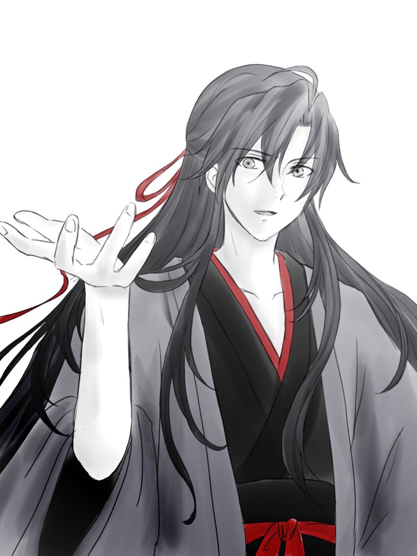 1boy ahoge bishounen black_hair black_hanfu chinese_clothes coat grey_coat hair_between_eyes hair_down hair_ribbon half_updo hand_up hanfu highres long_hair looking_at_viewer male_focus modao_zushi monochrome official_alternate_costume official_alternate_hairstyle open_clothes open_coat open_mouth parrrrrrrrko parted_lips red_ribbon red_sash ribbon robe sash sidelocks simple_background smile solo spot_color upper_body wei_wuxian wei_wuxian_(yiling_laozu) white_background wide_sleeves