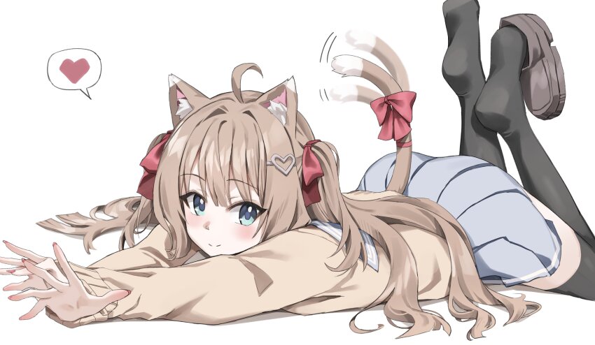 1girl absurdres ahoge animal_ears black_thighhighs blue_eyes blue_skirt blush bow brown_hair cardigan cat_ears cat_girl cat_tail commentary english_commentary hair_between_eyes hair_ornament hair_ribbon heart heart_hair_ornament highres long_hair long_sleeves lying neuro-sama on_stomach pleated_skirt red_nails red_ribbon ribbon scarlet_(wv0102) shoe_dangle skirt smile solo spoken_heart tail tail_ornament tail_ribbon tail_wagging thighhighs two_side_up unworn_shoe vedal_ai virtual_youtuber yellow_cardigan