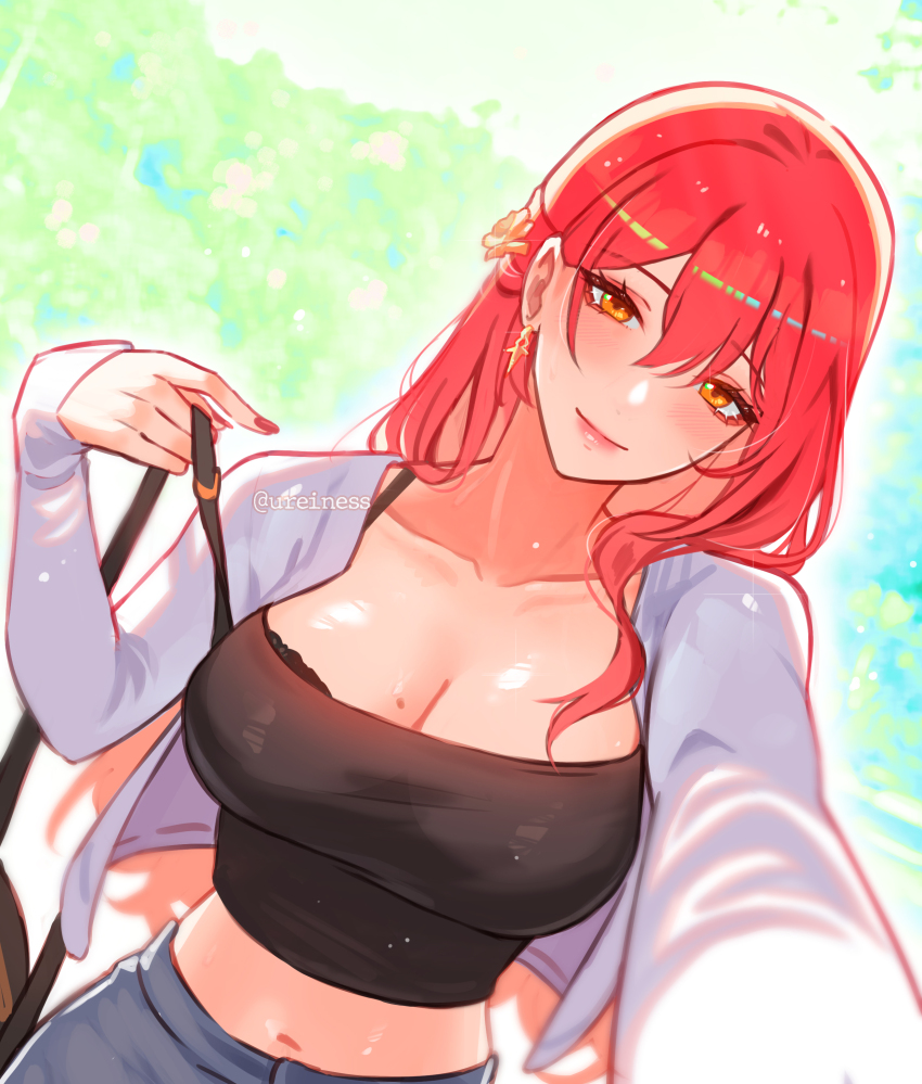 1girl absurdres alternate_costume breasts cleavage earrings hair_ornament highres himeko_(honkai:_star_rail) honkai:_star_rail honkai_(series) jewelry large_breasts long_hair long_sleeves looking_at_viewer midriff orange_eyes red_hair reiness_(ureiness) smile solo