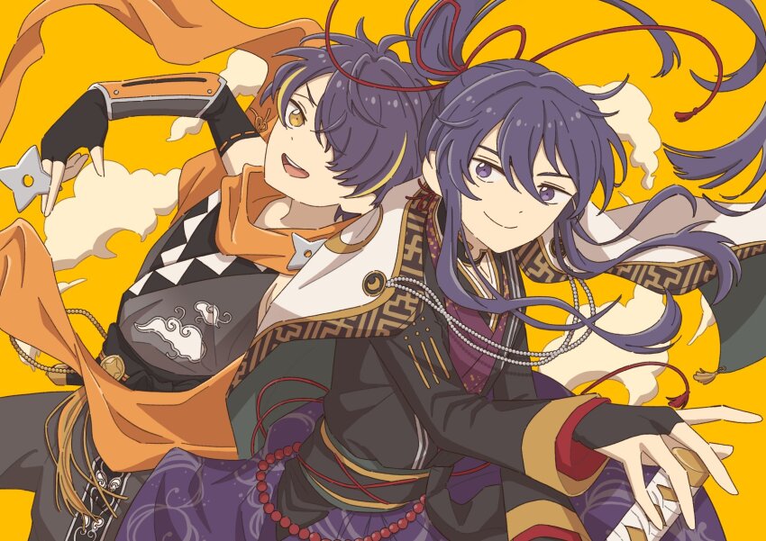 2boys :d az7j1q back-to-back beads black_gloves black_sash blonde_hair blunt_ends closed_mouth coat cowboy_shot crescent elbow_gloves ensemble_stars! fingerless_gloves floating_cape floating_hair floating_scarf gloves grey_pants hair_between_eyes hair_over_one_eye hakama hand_on_hilt highres holding holding_shuriken holding_weapon idol japanese_clothes kanzaki_souma kimono long_hair long_sleeves looking_at_viewer male_focus multicolored_hair multiple_boys ninja obi one_eye_covered open_mouth orange_scarf pants ponytail purple_eyes purple_hair purple_hakama samurai sash sayagata scarf scroll_of_the_elements_(ensemble_stars!) sengoku_shinobu short_hair shuriken sidelocks sleeveless smile smoke streaked_hair tassel teeth upper_teeth_only v-shaped_eyebrows weapon white_coat yellow_background yellow_eyes