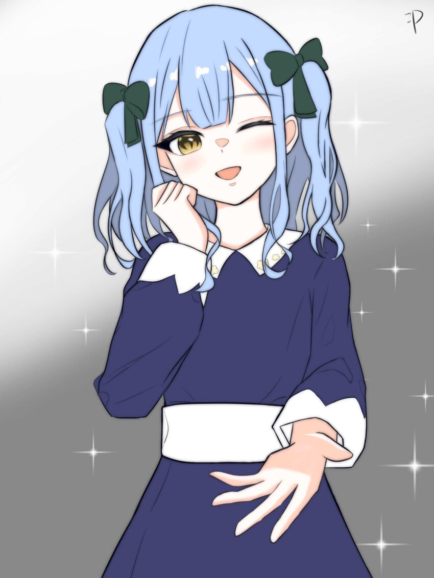 1girl aged_down bang_dream! bang_dream!_it&#039;s_mygo!!!!! blue_dress blue_hair bow chinese_commentary commentary_request dress green_bow hair_bow hand_up highres long_sleeves looking_at_viewer medium_hair momokan_1209 offering_hand one_eye_closed open_mouth solo togawa_sakiko yellow_eyes