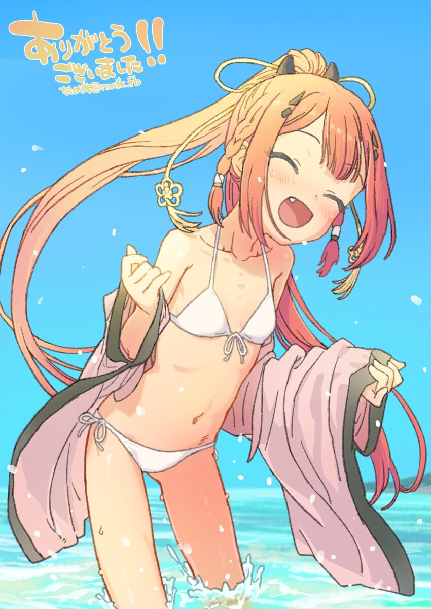 1girl bikini blue_sky blush closed_eyes commission fang flat_chest highres japanese_clothes kamiyama_shiki kimono long_hair nametake navel open_mouth outdoors pink_kimono ponytail red_hair second-party_source side-tie_bikini_bottom skeb_commission sky smile solo summer_pockets swimsuit wading water white_bikini