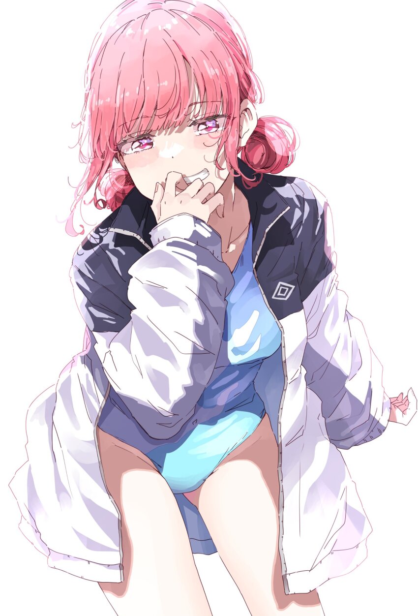 1girl ao_no_hako athletic_leotard black_jacket blue_leotard breasts chouno_hina commentary_request cowboy_shot grin hand_on_own_chin highres jacket leaning_forward leotard looking_at_viewer medium_breasts medium_hair multicolored_jacket nyoijizai open_clothes open_jacket pink_eyes pink_hair simple_background smile solo two-tone_jacket white_background white_jacket