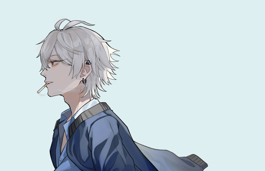 1boy amd_aoneko antenna_hair aohitsugi_samatoki blue_jacket blue_shirt cigarette commentary_request ear_piercing from_side glasses highres hypnosis_mic jacket long_eyelashes male_focus messy_hair mouth_hold multiple_piercings parted_lips piercing profile red_eyes shirt short_hair simple_background smoking solo upper_body white_hair