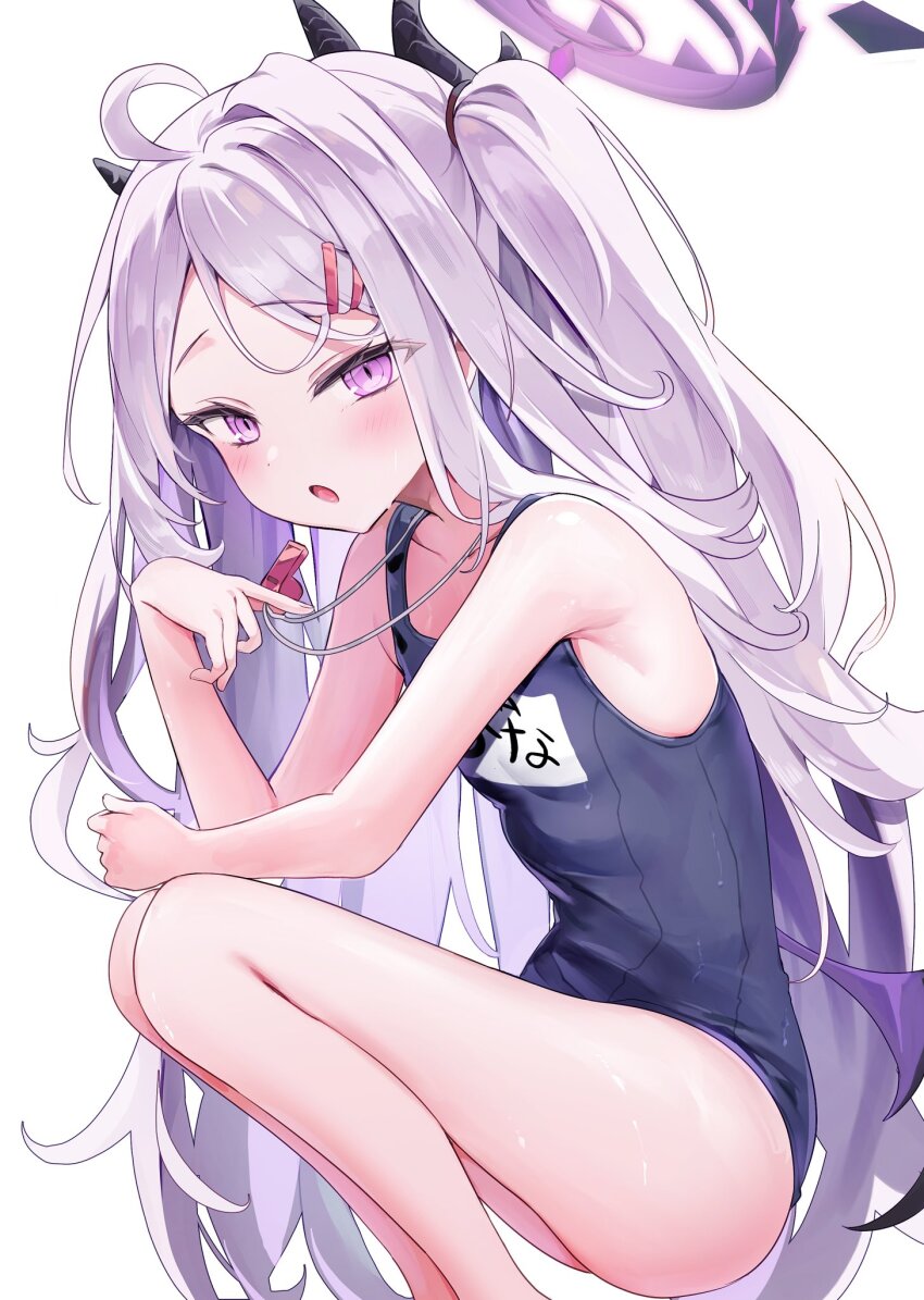 1girl ahoge bare_legs blue_archive blush breasts feet_out_of_frame flat_chest halo highres hina_(blue_archive) loli long_hair looking_at_viewer name_tag one-piece_swimsuit open_mouth purple_eyes purple_hair school_swimsuit simple_background sleeveless small_breasts solo swimsuit thighs very_long_hair white_background yonako_(123456nya)
