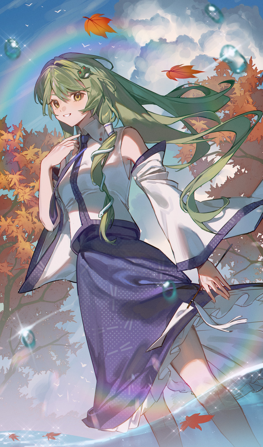 1girl absurdres bare_shoulders blue_skirt cloud cloudy_sky detached_sleeves ender_xiaohai frog_hair_ornament gohei green_hair hair_between_eyes hair_ornament hair_tubes highres holding holding_gohei kochiya_sanae leaf long_hair looking_at_viewer maple_leaf rainbow shirt single_hair_tube skirt sky smile snake_hair_ornament solo teeth touhou tree wading water water_drop white_shirt yellow_eyes