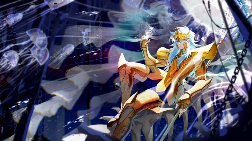 1boy absurdres armor armored_boots blue_eyes blue_hair boots chain expressionless fairy full_armor gold_armor gold_boots gold_helmet hand_up highres jellyfish julian_solo leaning_on_weapon long_hair looking_at_viewer male_focus pauldrons polearm poseidon_(saint_seiya) saint_seiya sea_angel shoulder_armor sitting snowflake_(diodarja) solo thigh_boots trident underwater weapon