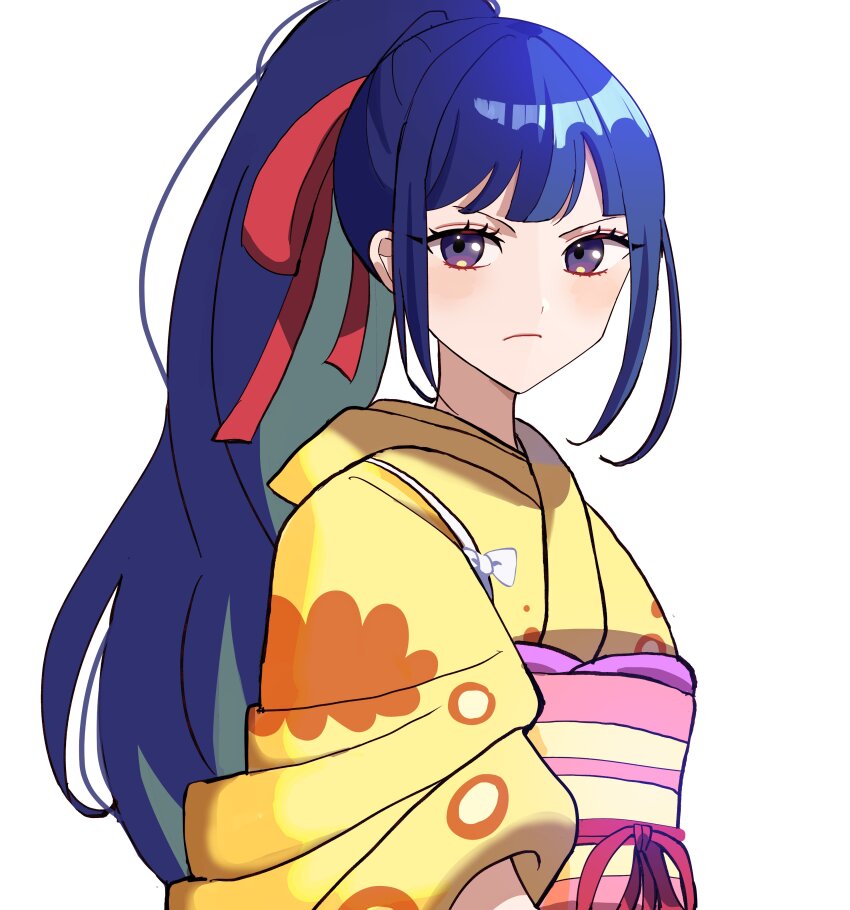 1boy absurdres blue_hair blunt_bangs closed_mouth commentary_request hair_ribbon highres japanese_clothes kasuga_kaya kikunojo_(one_piece) kimono looking_to_the_side male_focus obi one_piece ponytail red_ribbon ribbon sash sidelocks simple_background solo upper_body white_background yellow_kimono