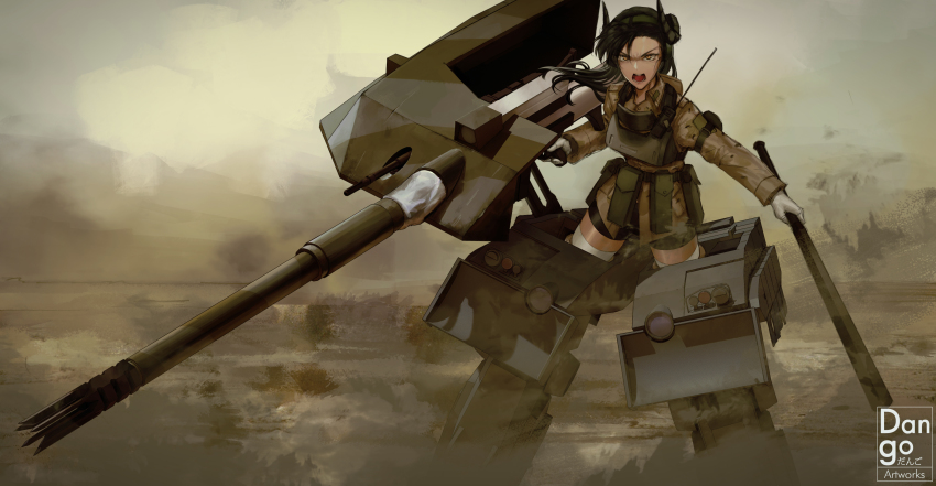 absurdres adapted_object ammunition_pouch artist_name bike_shorts body_armor camouflage club club_(weapon) commission commissioner_upload dangodes desert_camouflage gloves headset highres horns kanabou mecha_musume military military_uniform military_vehicle motor_vehicle nishi_kyouko pouch radio sheep_horns strike_witches_1991 striker_unit tank type_10_(tank) weapon white_gloves white_legwear world_witches_series