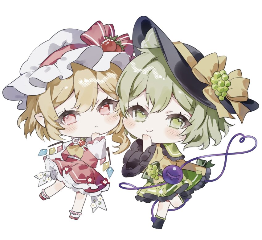 2girls :3 ascot black_hat blonde_hair blush chibi chibi_only commentary flandre_scarlet full_body grape_hat_ornament green_eyes green_skirt hair_over_shoulder hat highres komeiji_koishi long_sleeves looking_at_viewer mob_cap multiple_girls pointy_ears red_eyes red_ribbon red_skirt red_vest ribbon shirt simple_background skirt sorani_(kaeru0768) strawberry_hat_ornament third_eye touhou vest white_background white_hat white_shirt yellow_ascot yellow_ribbon yellow_shirt