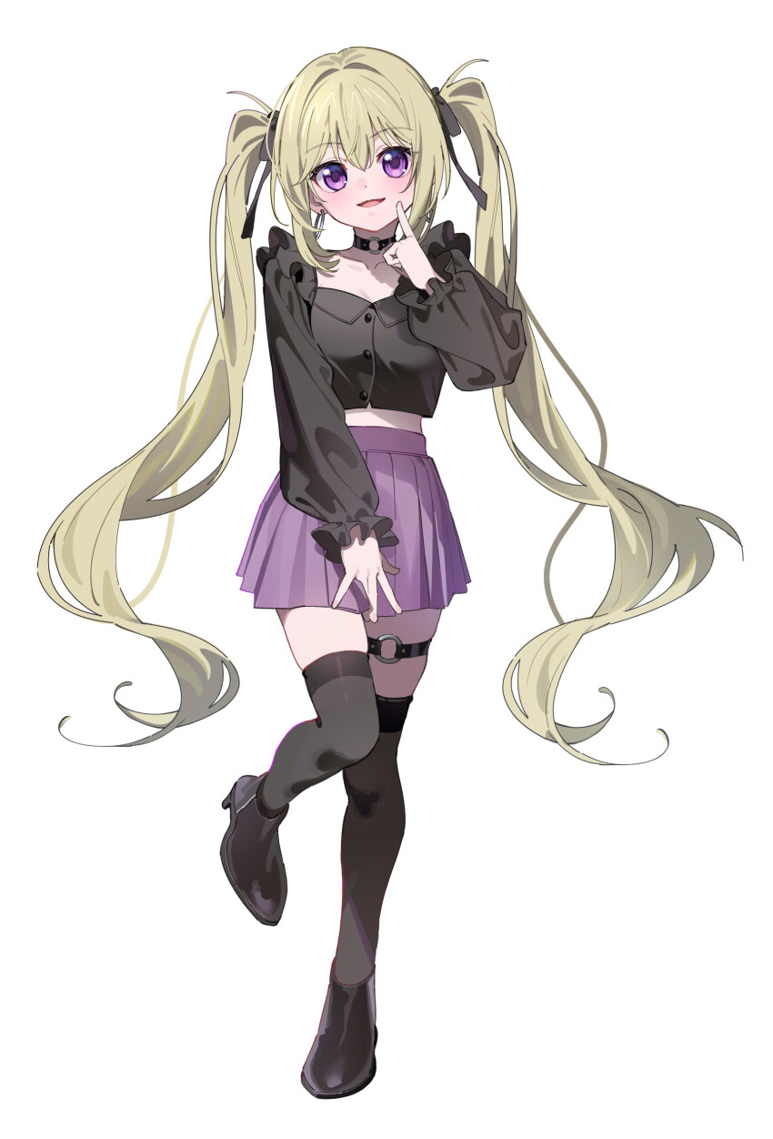 1girl absurdres blonde_hair blush breasts choker earrings full_body highres hoop_earrings jewelry kanon_(kise_itsuki) kise_itsuki long_hair looking_at_viewer original purple_eyes skirt small_breasts smile solo standing standing_on_one_leg thigh_strap thighhighs twintails very_long_hair