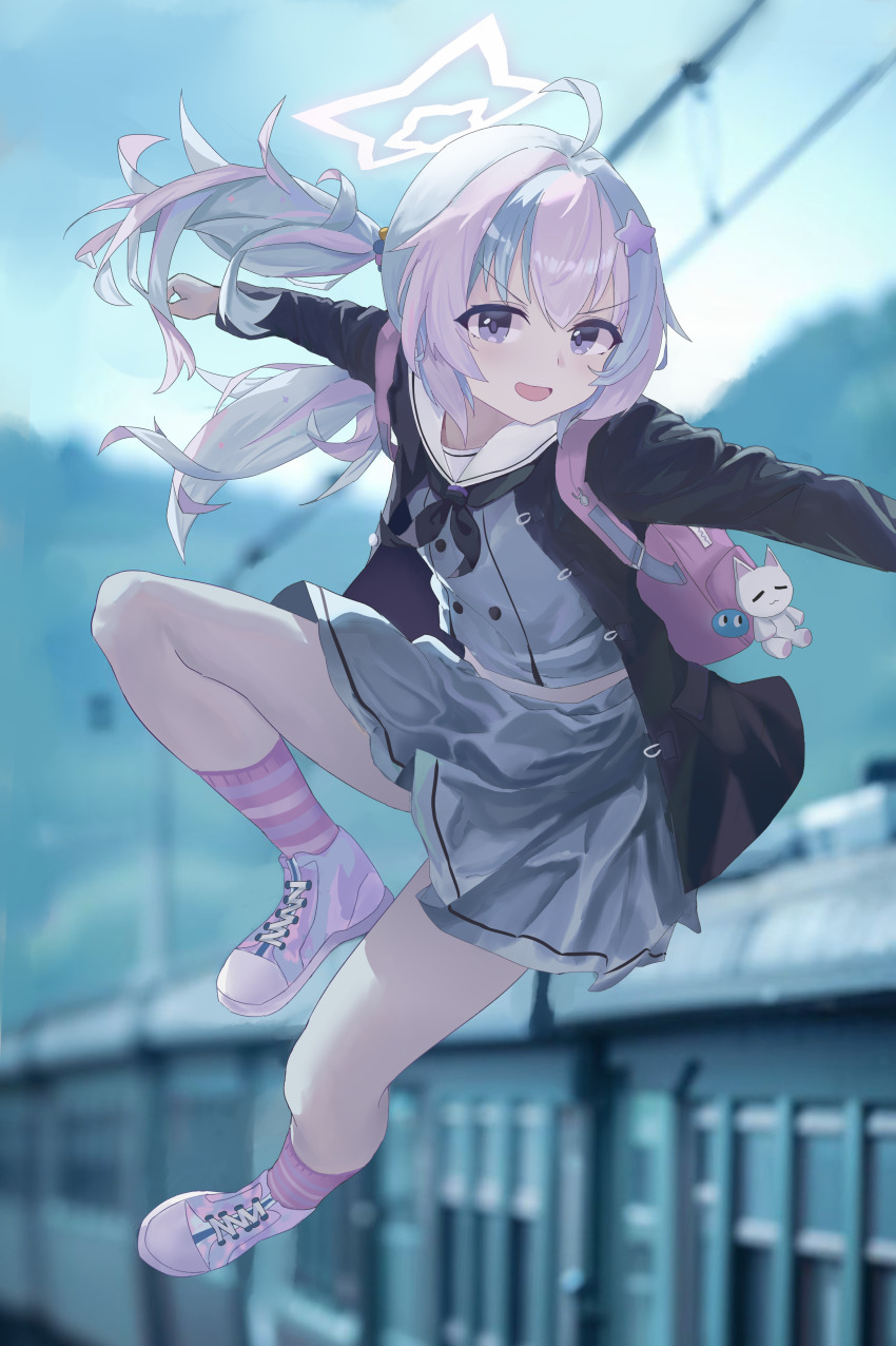 1girl :d absurdres ahoge backpack bag black_jacket blue_archive blue_hair blurry blurry_background chinese_commentary clenched_hand commentary_request cross-laced_shoes fighting_stance floating_hair full_body grey_serafuku grey_shirt grey_skirt hair_ornament halo highres jacket long_hair long_sleeves low_twintails midair midriff miniskirt mixian multicolored_hair open_clothes open_jacket open_mouth outdoors pink_bag pink_hair pink_halo pink_shoes purple_eyes reisa_(blue_archive) school_uniform serafuku shirt shoes skirt smile smug sneakers solo star_(symbol) star_hair_ornament star_halo streaked_hair twintails v-shaped_eyebrows