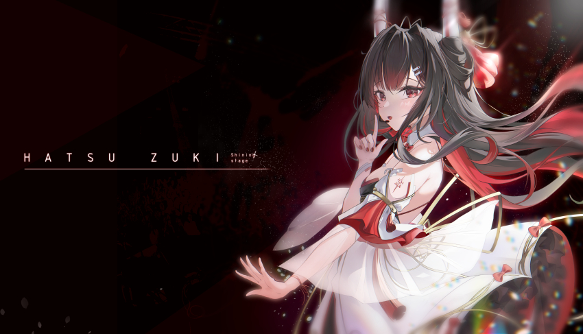 1girl absurdres alternate_costume azur_lane bare_shoulders black_hair breasts character_name commentary cowboy_shot detached_collar detached_sleeves dress earpiece english_commentary from_side galodos hatsuzuki_(azur_lane) highres horn_ornament horns long_sleeves looking_at_viewer looking_to_the_side multicolored_hair red_eyes red_hair see-through_clothes see-through_sleeves small_breasts solo two-tone_hair white_dress