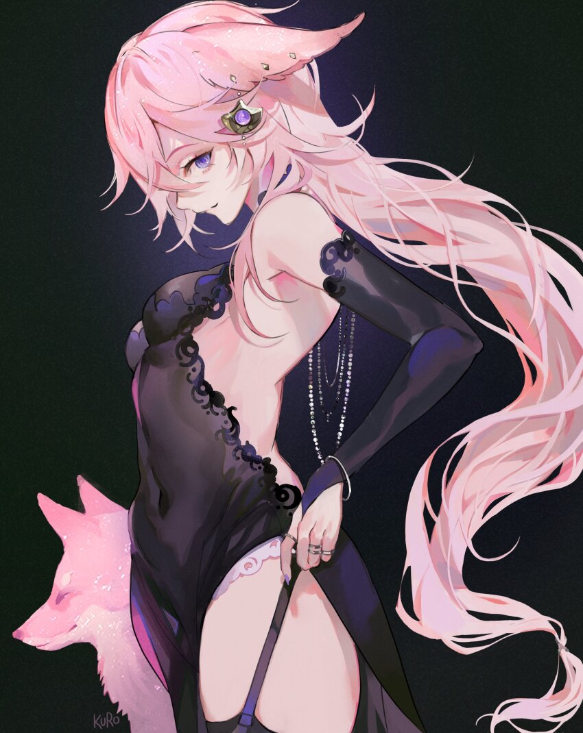 1girl absurdres alternate_costume animal_ears artist_name backless_dress backless_outfit bare_shoulders black_background black_dress black_garter_straps black_thighhighs breasts bridal_gauntlets closed_mouth commentary covered_navel cowboy_shot dress earrings elbow_gloves english_commentary fingernails floppy_ears fox fox_ears from_side garter_straps genshin_impact gloves gradient_background hair_between_eyes highres jewelry kamui_(kurohshiro1) long_fingernails long_hair looking_at_viewer low-tied_long_hair medium_breasts multiple_rings nail_polish pelvic_curtain profile purple_eyes purple_nails ring sidelocks sideways_glance sleeveless sleeveless_dress smile solo thighhighs very_long_hair yae_miko