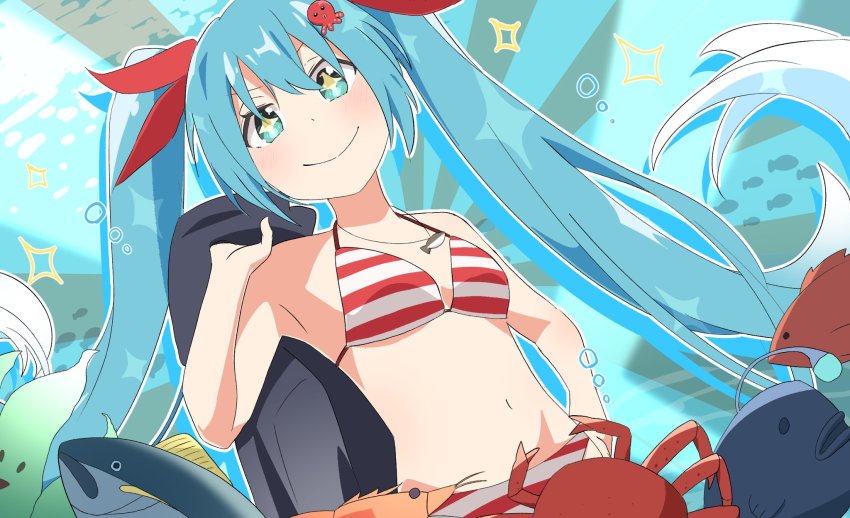1girl air_bubble animal aqua_eyes aqua_hair bikini bow breasts bubble carrying_over_shoulder coat crab fish from_below hair_bow hand_on_own_hip hand_up hatsune_miku highres holding holding_coat holding_unworn_clothes jewelry kelp kuroiwa_brs looking_at_viewer midriff navel necklace octopus_hair_ornament red_bikini red_bow shrimp small_breasts smile solo sparkle sparkling_eyes striped_bikini striped_clothes swimsuit unworn_coat upper_body vocaloid wavy_hair white_hair yuki_miku yuki_miku_(2022)