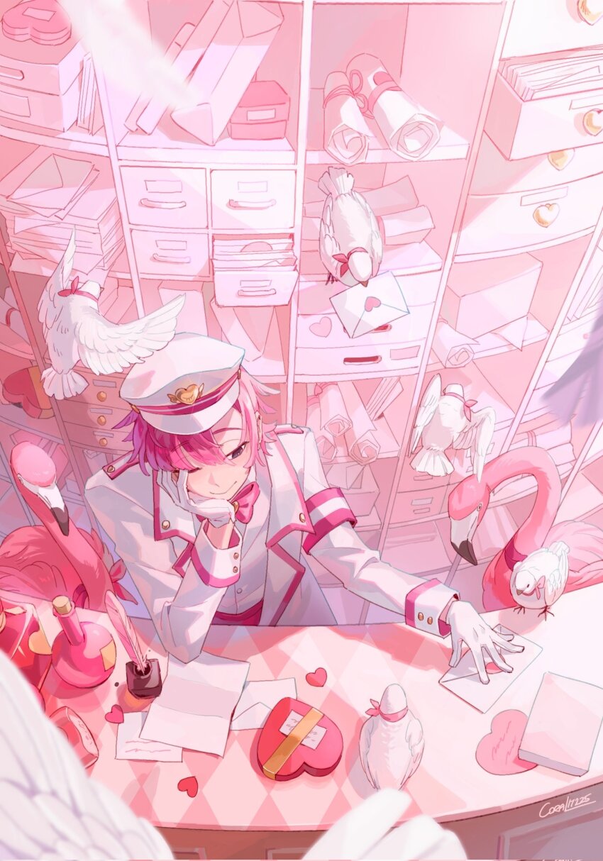 1boy animal bird bow bowtie box closed_mouth coat commentary coral_l33 desk drawer dress_shirt elbow_rest flamingo flying gloves hair_between_eyes hat head_rest heart heart-shaped_box highres lapels letter long_sleeves looking_to_the_side male_focus neck_ribbon notched_lapels original paper peaked_cap pigeon pink_bow pink_hair pink_theme pink_trim red_ribbon ribbon scroll shirt short_hair sideways_glance sitting smile solo white_coat white_gloves white_shirt