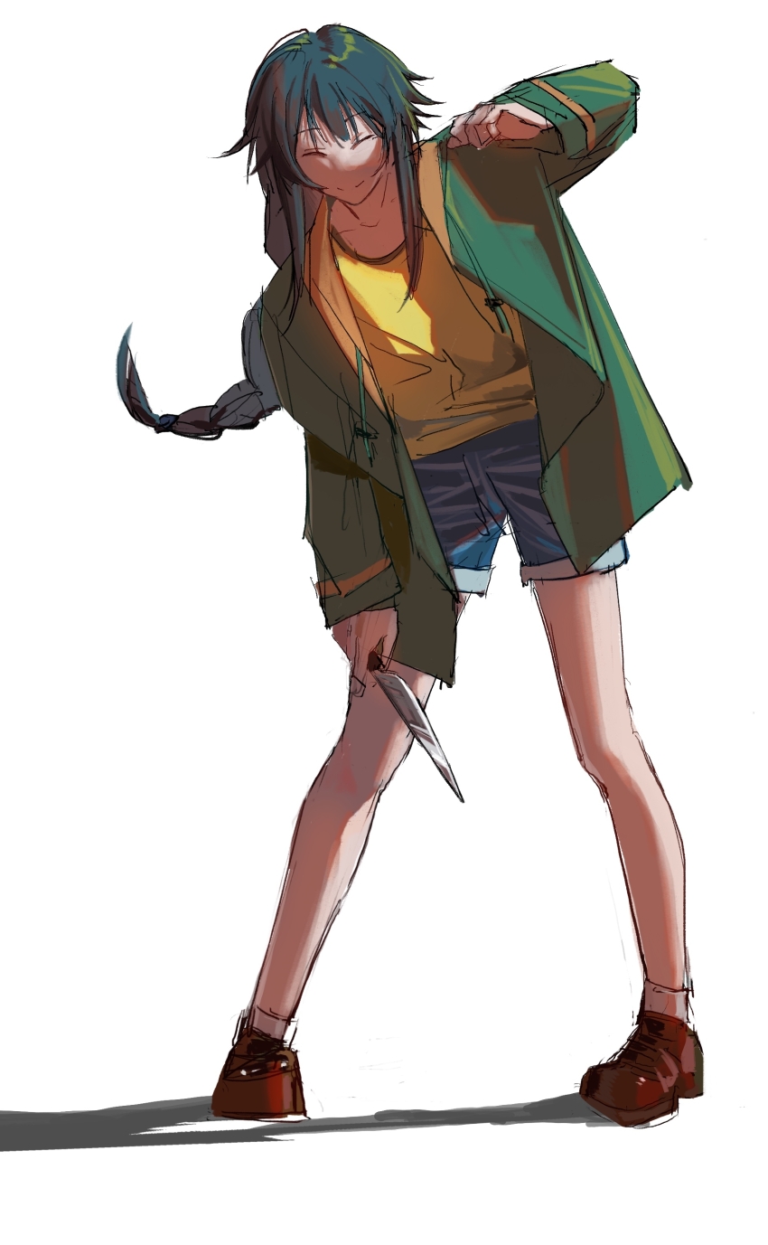 1girl absurdres baobing black_hair blue_shorts braid brown_shoes chinese_commentary closed_eyes closed_mouth commentary_request drawstring full_body green_jacket highres holding holding_knife jacket knife long_hair open_clothes open_jacket raging_loop serizawa_chiemi shirt shoes shorts sidelocks simple_background single_braid smile socks solo variant_set white_background white_socks yellow_shirt