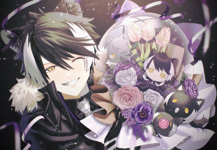1boy animal_ear_fluff animal_ears black_hair bouquet character_doll chibi coat commentary_request confetti doll english_text flower fur-trimmed_coat fur_trim gloves grin hair_between_eyes half_gloves happy highres holostars jackal_boy jackal_ears jackal_tail kageyama_shien looking_at_viewer male_focus momiage_40 multicolored_hair necktie nekoyama_shien one_eye_closed smile stole streamers two-tone_hair upper_body virtual_youtuber white_hair white_necktie