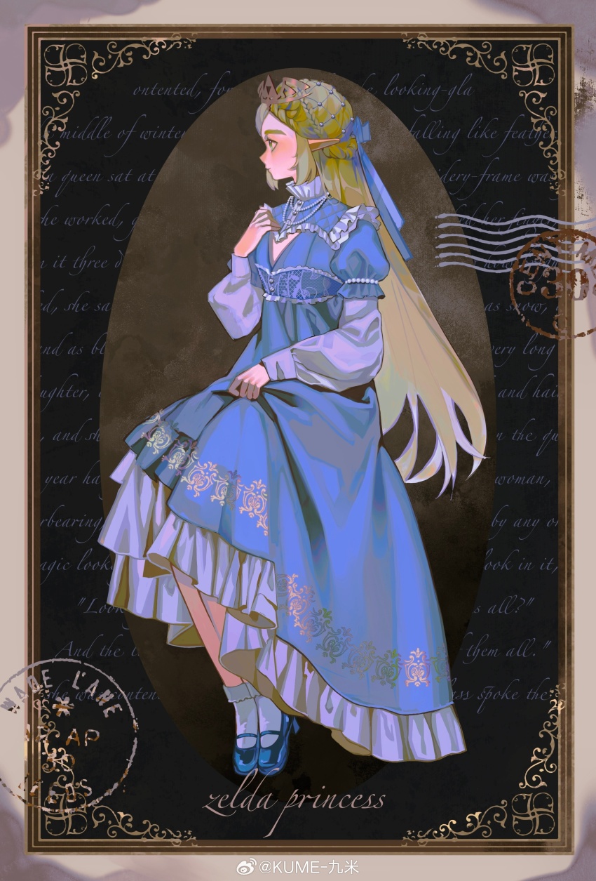 1girl absurdres alternate_costume alternate_hair_length alternate_hairstyle black_background blonde_hair blue_bow blue_dress border bow braid buttons chinese_commentary closed_mouth collared_dress commentary_request dress expressionless frilled_dress frilled_sleeves frills full_body gold_tiara green_eyes hair_bow half_up_half_down_braid hand_on_own_chest high_collar highres jiuminene layered_sleeves long_dress long_hair long_sleeves looking_to_the_side nintendo oval picture_frame pointy_ears princess_zelda puffy_long_sleeves puffy_short_sleeves puffy_sleeves purple_sleeves short_over_long_sleeves short_sleeves sitting solo stamp_mark straight_hair text_background the_legend_of_zelda the_legend_of_zelda:_tears_of_the_kingdom thick_eyebrows tiara veil very_long_hair watermark weibo_watermark white_border