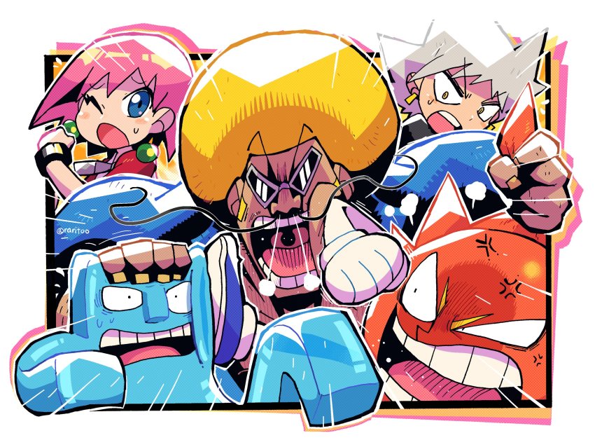 1girl 4boys :o afro anger_vein beauty_(bobobo-bo_bo-bobo) blonde_hair blue_eyes bobobo-bo_bo-bobo bobobo-bo_bo-bobo_(character) don_patch earrings glasses heppokomaru highres jewelry mixed-language_commentary multiple_boys one_eye_closed open_mouth pink_hair rariatto_(ganguri) short_hair tokoro_tennosuke white_hair yellow_eyes