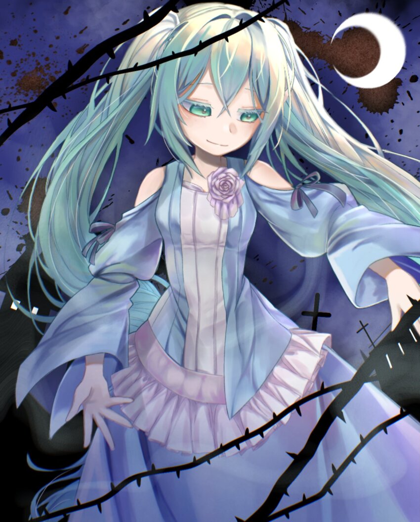 1girl aqua_hair bare_shoulders blue_dress building clothing_cutout colored_eyelashes crescent_moon cross dress dress_flower evillious_nendaiki false_smile fisheye flower frilled_dress frills green_eyes half-closed_eyes hatsune_miku highres light_smile long_hair long_sleeves looking_down margarita_blankenheim moon nanatsu_no_tsumi_to_batsu_(vocaloid) nemurase_hime_kara_no_okurimono_(vocaloid) night pink_flower pink_rose rose shoulder_cutout silhouette smile solo splatter thorns twintails urin_(coconuts3252) very_long_hair vocaloid wide_sleeves