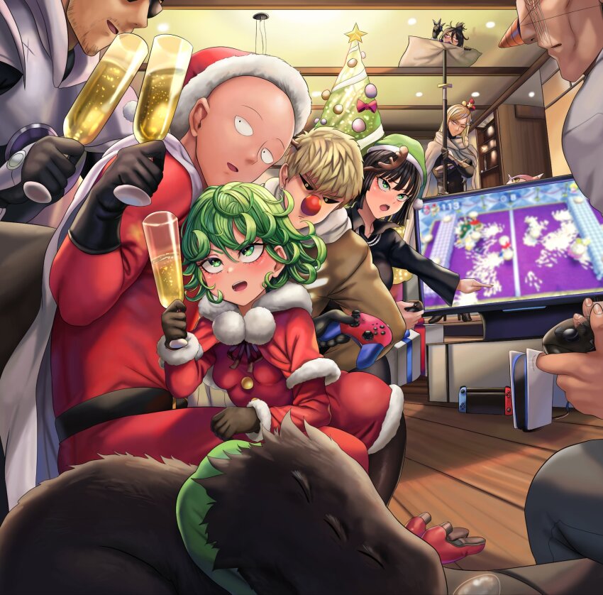 6+boys alcohol animal bald black_hair blast_(one-punch_man) blonde_hair blush breasts cape carrot_nose champagne character_request christmas christmas_tree controller curly_hair deer_costume fake_nose fubuki_(one-punch_man) game_console gaming genos glass green_eyes green_hair hat high_heels highres king_(one-punch_man) kneeling manako_(one-punch_man) mario_(series) mario_party multiple_boys nintendo nintendo_switch one-punch_man one_eye_closed onsoku_no_sonic open_mouth overgrown_rover playstation_5 pointing rkrk12 saitama_(one-punch_man) santa_hat scar scar_across_eye scar_on_face senkou_no_flash small_breasts tagme tatsumaki television