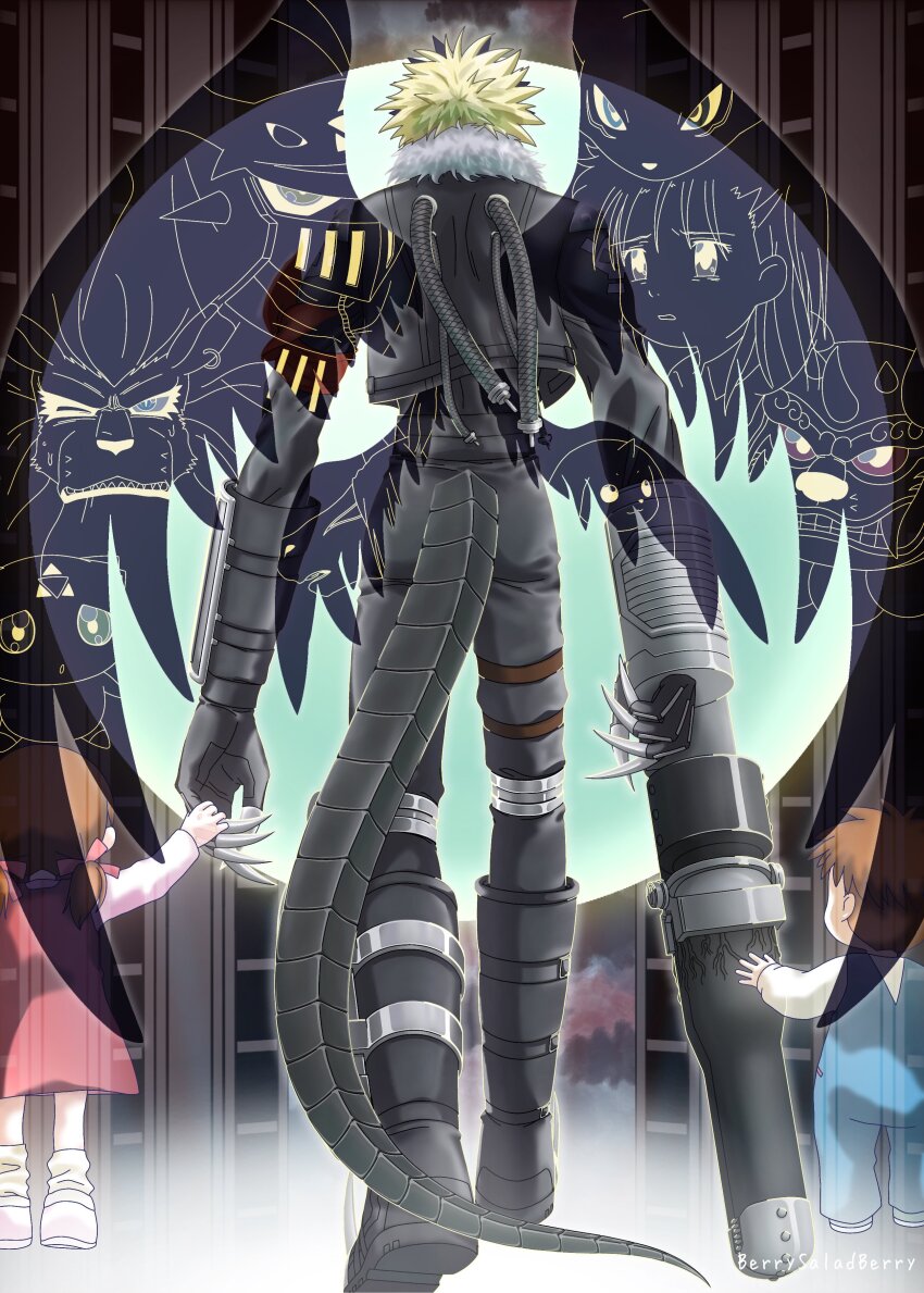1girl 2boys absurdres ai_(digimon_tamers) arm_cannon beelzebumon beelzebumon_blast_mode black_boots black_feathers black_jacket black_pants black_tail blonde_hair boots brother_and_sister brown_hair caturamon cropped_jacket culumon digimon digimon_tamers dukemon facing_away feathers from_behind full_body group_picture highres indaramon jacket katou_juri leomon makoto_(digimon_tamers) multiple_boys pants renamon saradaberi short_hair siblings solo_focus terriermon walking weapon