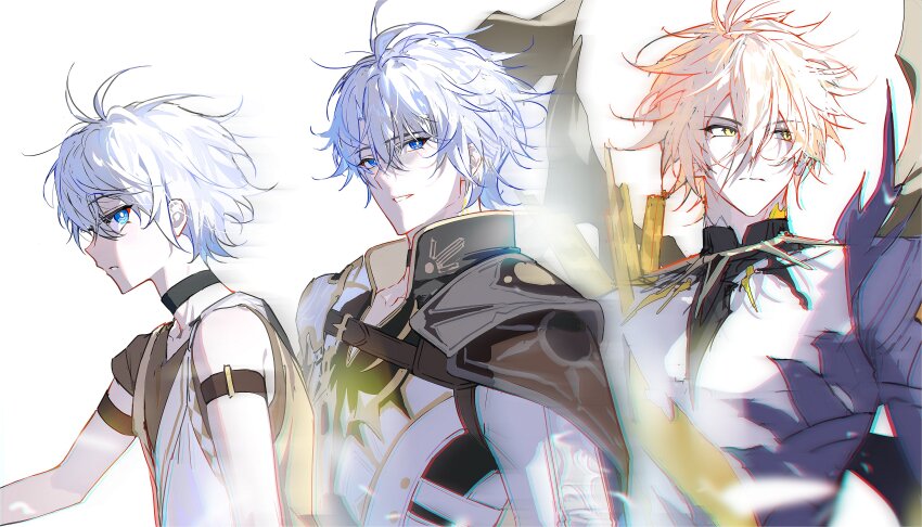 3boys 9boksen absurdres age_progression alternate_form antenna_hair arm_strap armor asymmetrical_sleeves black_choker black_shirt blonde_hair blue_eyes child choker coat cracked_skin hair_between_eyes hashtag-only_commentary highres honkai:_star_rail honkai_(series) male_focus material_growth multiple_boys parted_bangs pauldrons phainon_(a_dream_scented_in_wheat)_(honkai:_star_rail) phainon_(honkai:_star_rail) shirt short_hair shoulder_armor simple_background single_pauldron torn_clothes torn_shirt upper_body white_background white_coat white_hair yellow_blood yellow_eyes