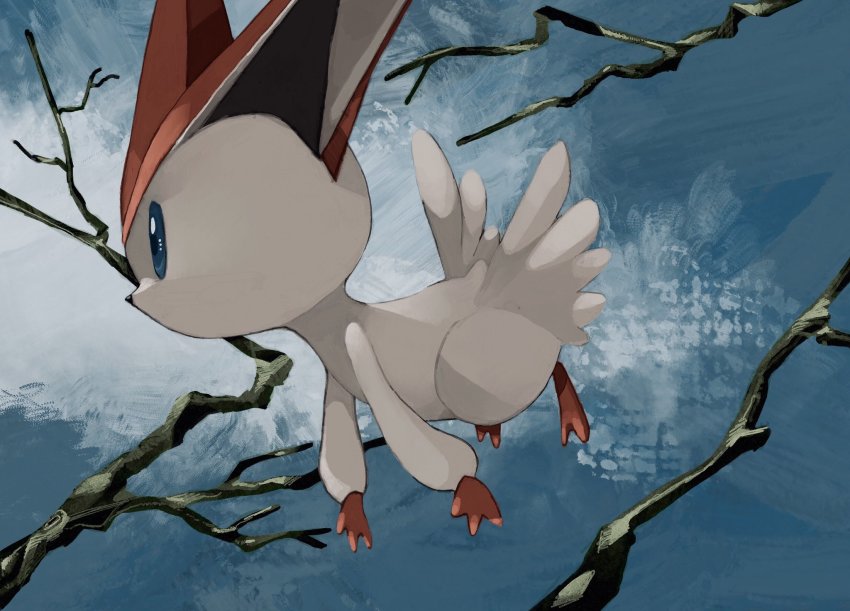 blue_eyes branch commentary_request day floating from_side gen_5_pokemon gogot highres legendary_pokemon mythical_pokemon nintendo no_humans outdoors pokemon pokemon_(creature) solo victini