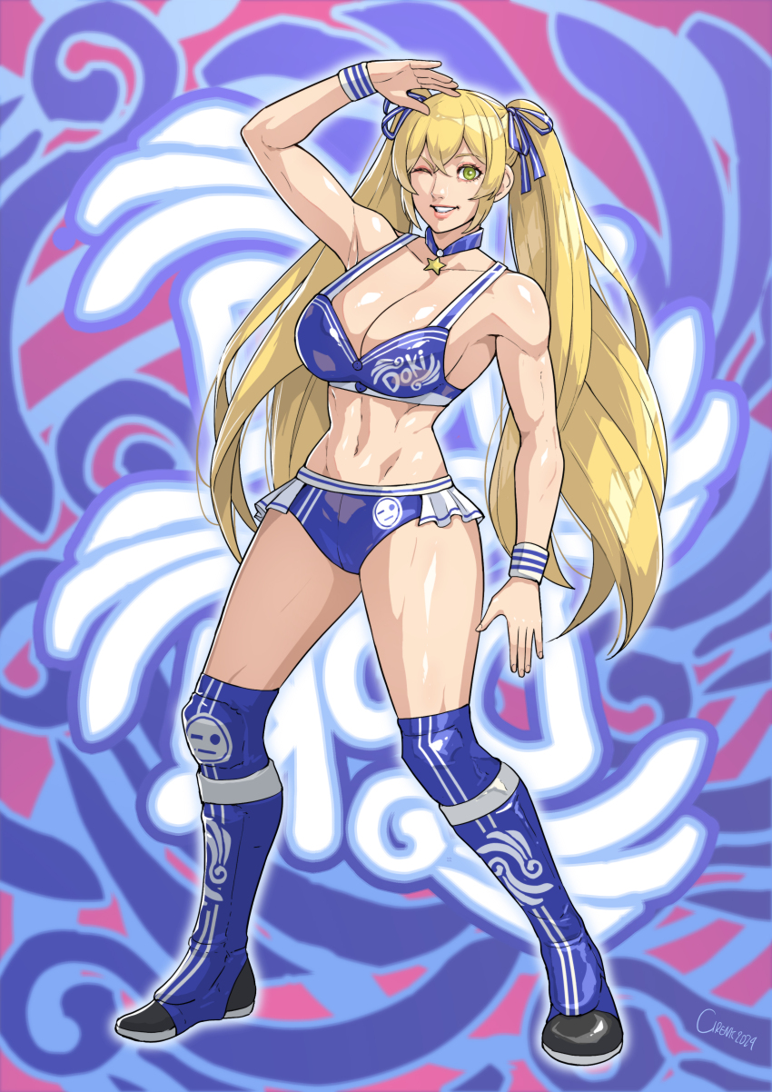1girl absurdres bikini blonde_hair blue_bikini blue_boots blue_ribbon boots bra breasts character_name choker cirenk cleavage dokibird_(vtuber) dokibird_(vtuber)_(retro_doki) full_body green_eyes highres indie_virtual_youtuber johnny_gargano knee_boots large_breasts logo long_hair muscular muscular_female navel one_eye_closed ribbon smile solo standing star_(symbol) star_choker swimsuit toned toned_female twintails underwear virtual_youtuber wwe