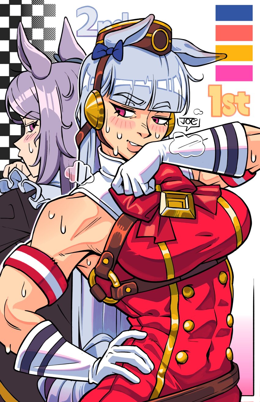 1girl 2girls absurdres animal_ears armband black_jacket blunt_bangs blush bow bowtie breasts brown_hat dress ear_bow ear_ribbon gloves gold_ship_(red_strife)_(umamusume) gold_ship_(umamusume) grey_hair hat highres horse_ears horse_girl horseshoe_ornament jacket joecanvas large_breasts long_hair long_sleeves mejiro_mcqueen_(frontline_elegance)_(umamusume) mejiro_mcqueen_(umamusume) multiple_girls muscular muscular_female parted_lips pillbox_hat purple_eyes purple_hair red_armband red_bow red_bowtie red_dress sleeveless sleeveless_dress smile striped_armband striped_clothes sweat umamusume upper_body white_armband white_gloves wiping_face