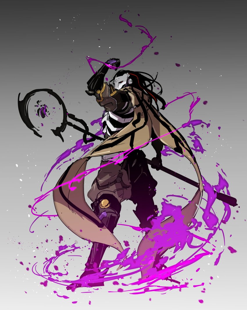 1boy 6cheetah absurdres arm_up black_hair cape clenched_hand colored_sclera commentary full_body gradient_background highres holding holding_staff humanoid_robot korean_commentary long_hair looking_back magic male_focus multicolored_clothes overwatch overwatch_2 ramattra_(overwatch) red_eyes robot sketch solo staff yellow_cape