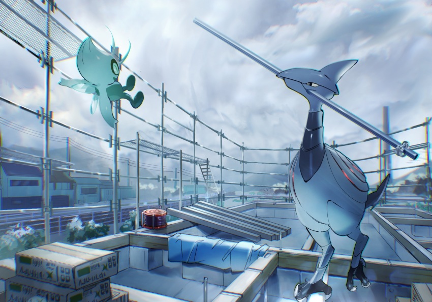 black_eyes box brick building celebi chromatic_aberration cloud commentary_request flying gen_2_pokemon highres legendary_pokemon mouth_hold mythical_pokemon nintendo no_humans outdoors pokemon pokemon_(creature) scaffolding skarmory standing tachiide talons window