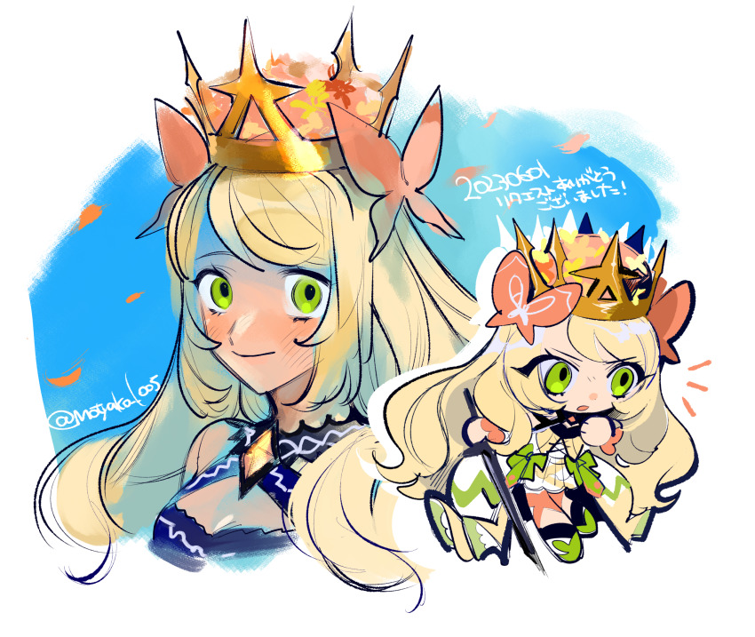 1girl blonde_hair bow butterfly_hair_ornament celine_(fire_emblem) cross-laced_clothes cross-laced_dress crown dress dress_bow fire_emblem fire_emblem_engage gem green_eyes hair_ornament highres mochako_(motyako_1005) nintendo orange_bow orange_gemstone orange_trim princess wrist_bow yellow_dress