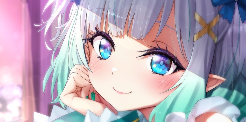1girl absurdres blue_bow blue_eyes blurry blurry_background blush bow closed_mouth fang ghostenjoyerguy7007 gradient_hair green_hair green_nails hair_bow hair_ornament hand_on_own_cheek hand_on_own_face highres indie_virtual_youtuber long_sleeves looking_at_viewer mint_fantome multicolored_hair nail_polish pink_lips pointy_ears portrait short_hair skin_fang smile solo two_side_up virtual_youtuber wavy_hair white_hair wide_sleeves x_hair_ornament