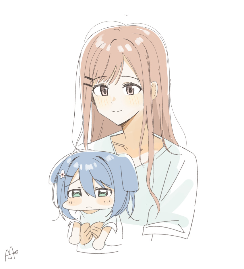 2girls animal_ears aqua_eyes blue_hair blush brown_eyes brown_hair chibi chinese_commentary closed_mouth commentary_request dog_ears dog_girl haidao_mao hair_between_eyes hair_ornament hairclip highres kemonomimi_mode long_hair miyagi_shiori multiple_girls parallel_hairclips sendai_hazuki shirt short_hair short_sleeves shuuniichido_classmate_wo_kau_hanashi simple_background smile white_background white_shirt