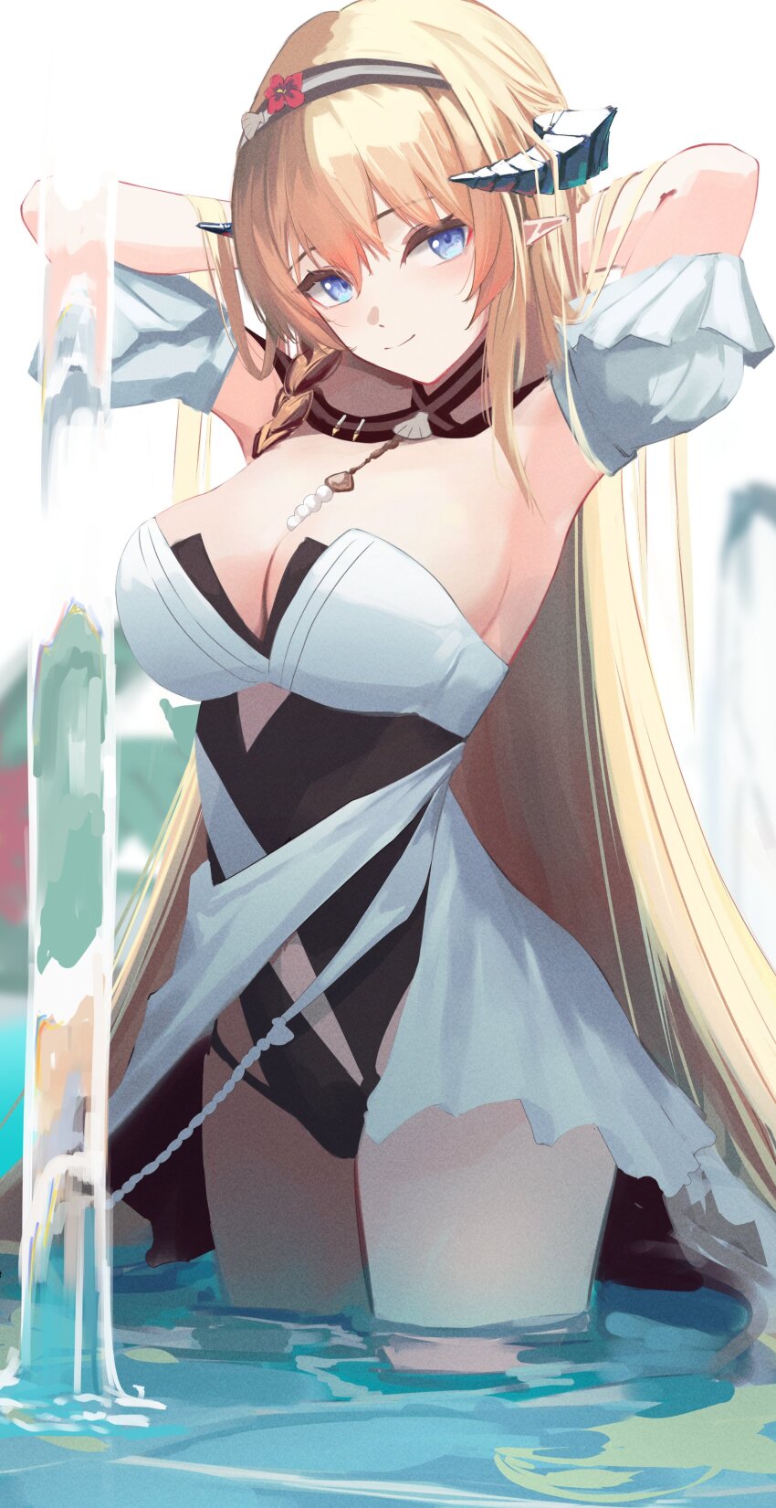 1girl absurdres arknights armpits arms_behind_head arms_up bare_arms blonde_hair blue_eyes breasts casual_one-piece_swimsuit cleavage closed_mouth commentary_request detached_sleeves dragon_horns forward_facing_horns hairband highres horns large_breasts long_hair nekomatamago official_alternate_costume one-piece_swimsuit pointy_ears puffy_sleeves saileach_(arknights) saileach_(summer_flowers)_(arknights) smile solo swimsuit wading