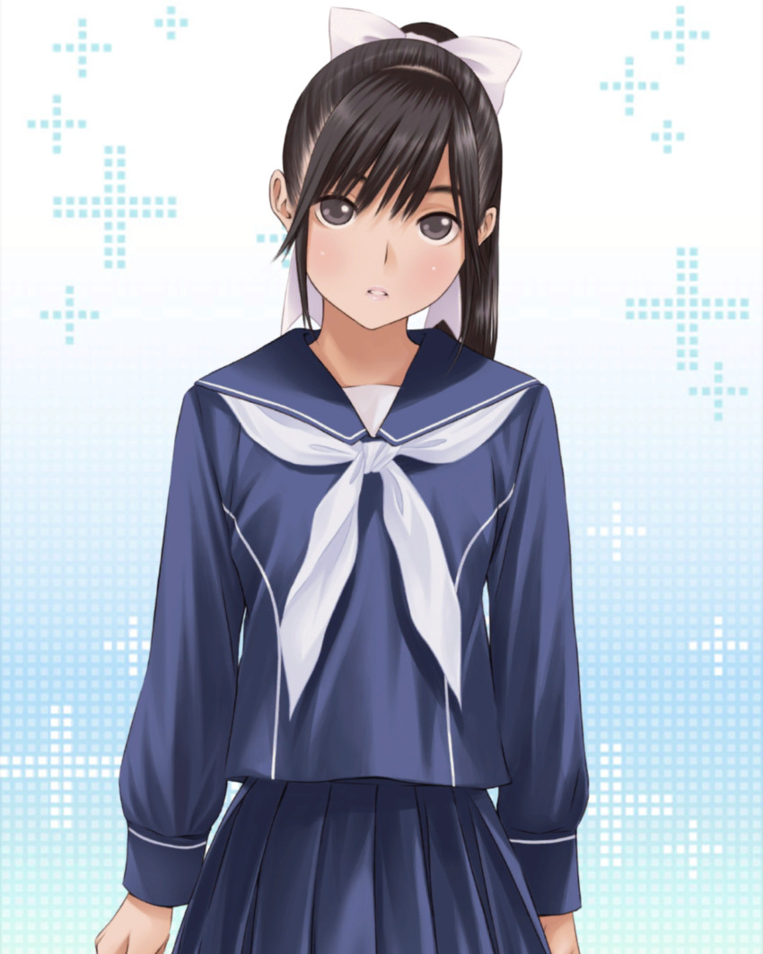 1girl aqua_background black_eyes black_hair blue_sailor_collar blue_serafuku blue_skirt blush cowboy_shot gradient_background hair_ribbon head_tilt highres long_sleeves looking_at_viewer love_plus neckerchief official_art parted_lips pink_lips pleated_skirt plus_sign ponytail ribbon sailor_collar school_uniform serafuku skirt solo standing takane_manaka white_ribbon winter_uniform