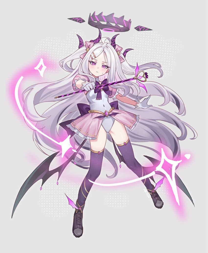 1girl alternate_costume ariko_(aaaaarik) back_bow black_halo black_horns blue_archive bow chest_bow closed_mouth commentary demon_girl demon_horns demon_wings detached_sleeves english_commentary full_body gloves grey_background hair_bow hair_ornament hairclip halo highres hina_(blue_archive) holding holding_wand horns leotard light_blush long_hair looking_at_viewer magical_girl multicolored_halo multiple_horns parted_bangs pink_bow purple_bow purple_eyes purple_halo purple_wings shoes solo sweatdrop thighhighs two-tone_halo two_side_up very_long_hair wand white_gloves white_hair wings