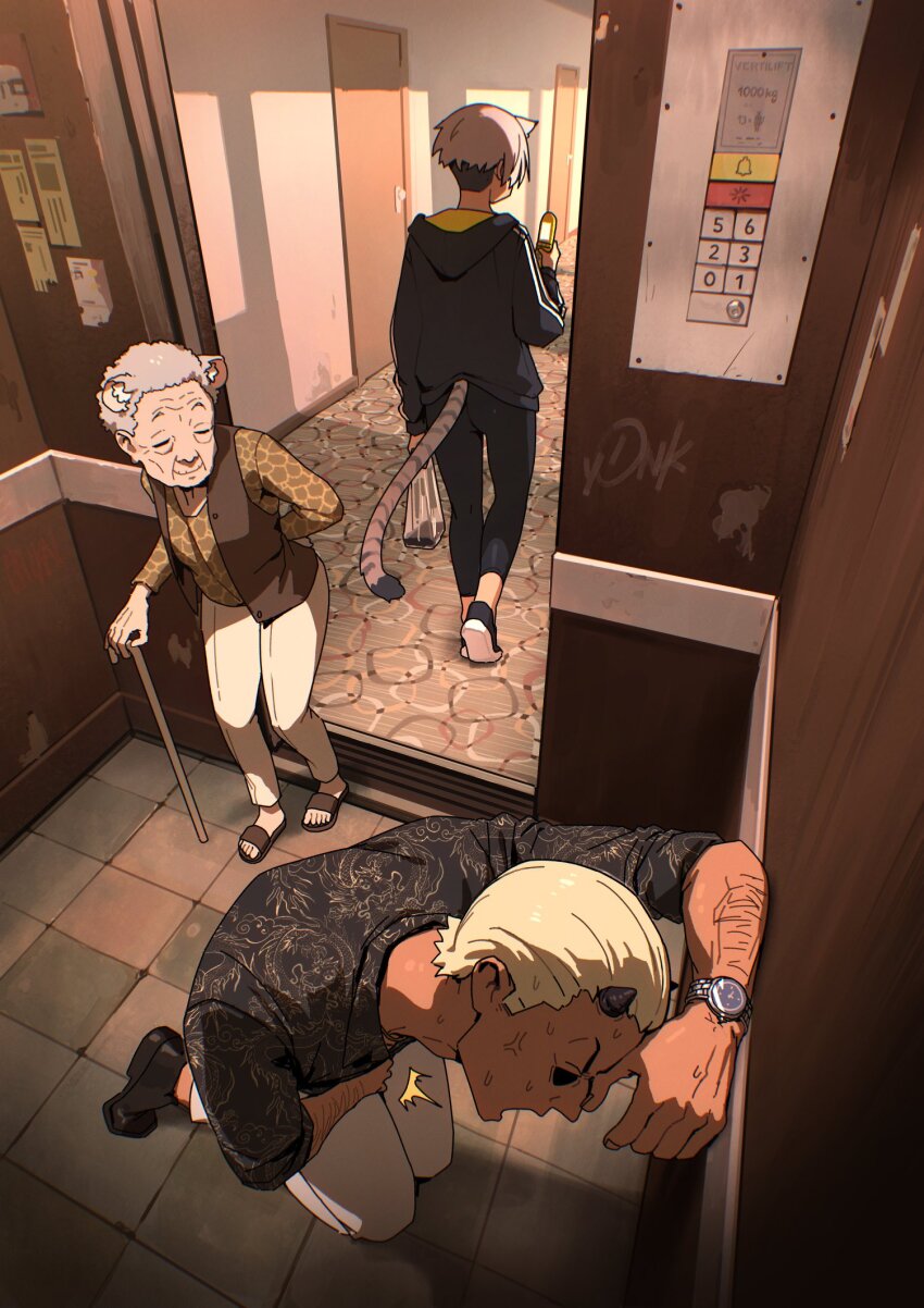 1boy 2girls animal_ear_fluff animal_ears bag black_hair black_hoodie black_horns black_pants black_shirt black_shoes blonde_hair brown_sandals brown_shirt brown_vest cane cellphone dragon_print elevator flip_phone grey_hair highres holding holding_bag holding_cane holding_phone hood hood_down hoodie horns kara_(vertigris) kneeling multiple_girls old old_woman open_mouth original pants phone sandals shirt shoes shopping_bag short_hair sweat tail vertigris vest watch white_pants wristwatch