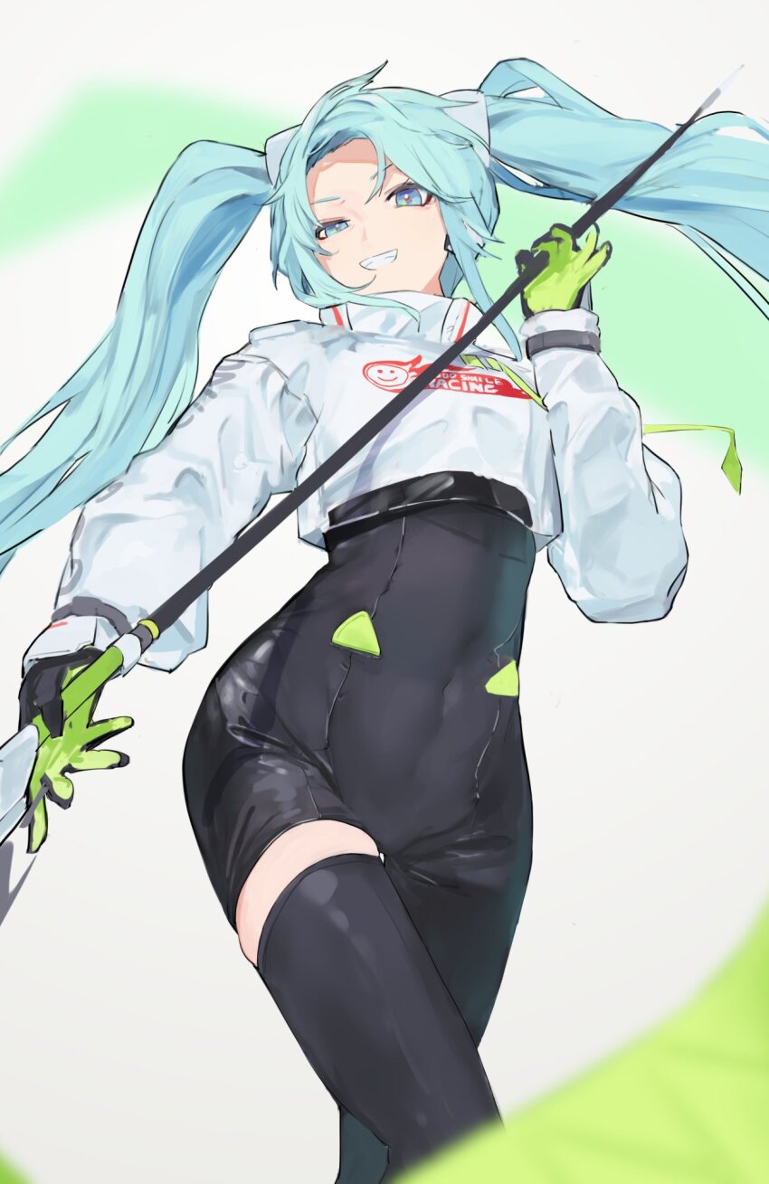 1girl aqua_eyes aqua_hair asymmetrical_legwear black_gloves black_leotard black_thighhighs flag gloves goodsmile_racing green_flag green_gloves hatsune_miku highres holding holding_flag leotard long_hair pocche-ex racing_miku racing_miku_(2022) smile thighhighs thighs twintails vocaloid