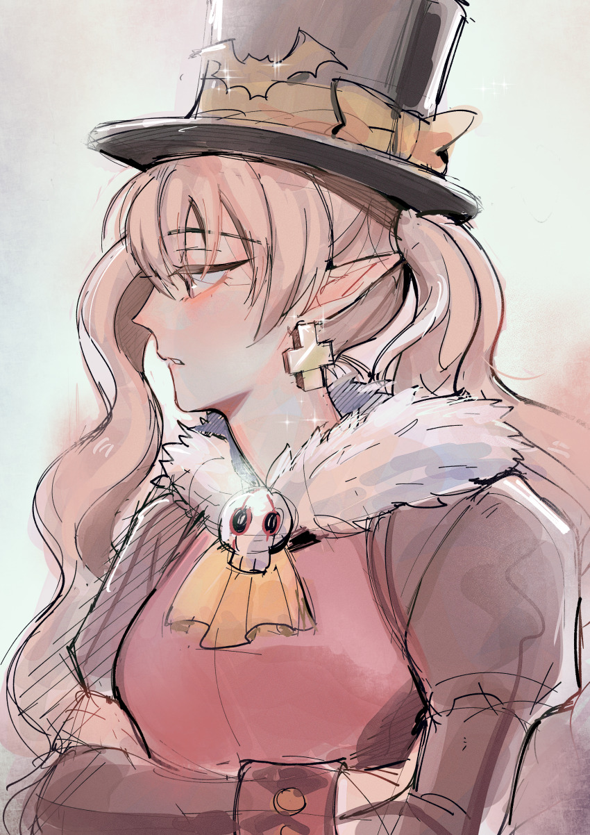 1girl absurdres ascot bat_hat_ornament bat_ornament black_hat bow brooch commentary cross cross_earrings crossed_arms dolce_(rune_factory) earrings english_commentary expressionless fur_scarf hat hat_bow highres jewelry juliet_sleeves long_hair long_sleeves looking_ahead maybecrosswise parted_lips pink_eyes pink_hair profile puffy_sleeves rune_factory rune_factory_4 simple_background skull skull_brooch solo top_hat turning_head twintails upper_body yellow_ascot yellow_bow