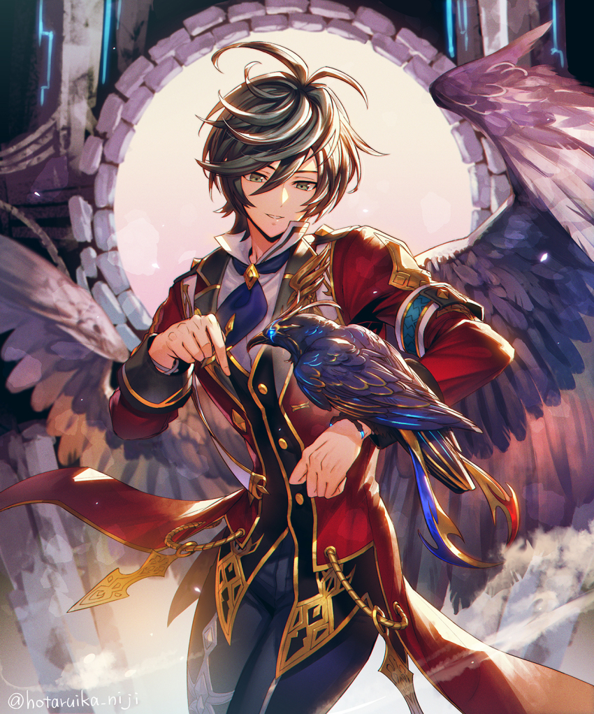 1boy ascot bird bird_on_hand black_eyes black_hair black_pants coat commentary_request crow gold_trim highres hotaruika_niji malphas_(megido72) megido72 pants shirt short_hair smile white_shirt wings