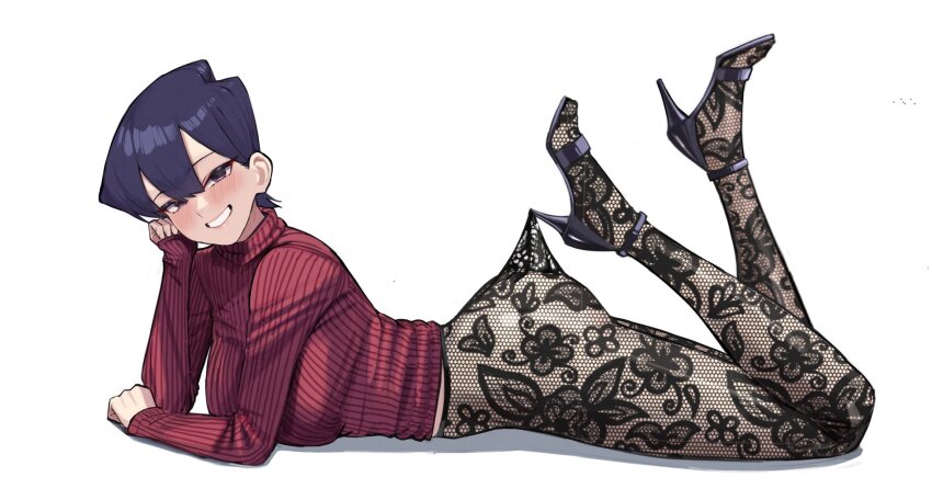1girl arm_support ass ayatak0517 black_pantyhose blush breast_press breasts floral_print from_side full_body grin hair_between_eyes heart heart-shaped_pupils high_heels highres hooked_on_heel komi-san_wa_komyushou_desu komi_shuuko lace_pantyhose_hooked_on_heel_(meme) large_breasts long_sleeves looking_at_viewer lying mature_female meme on_stomach pantyhose purple_hair red_sweater short_hair simple_background smile solo sweater symbol-shaped_pupils turtleneck turtleneck_sweater white_background