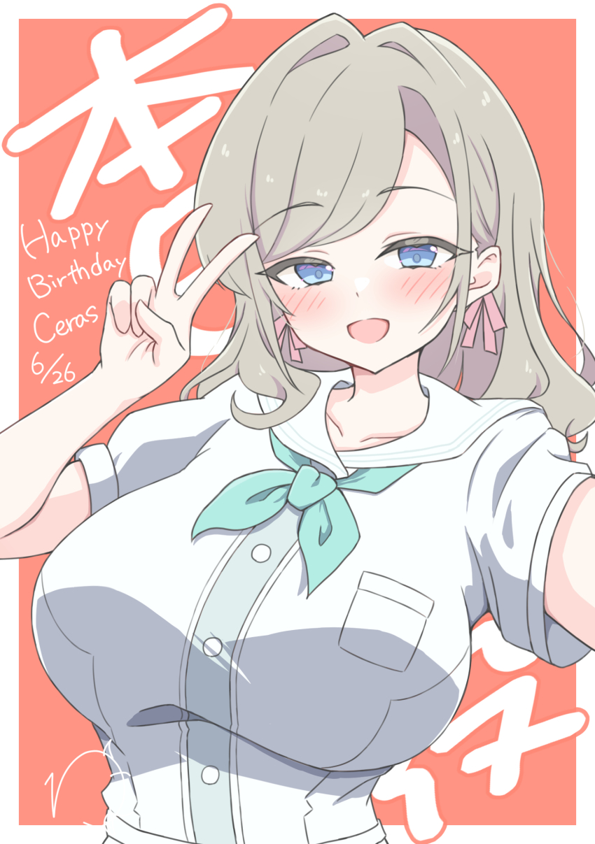 1girl :d aqua_neckerchief blue_eyes border breast_pocket breasts ceras_yanagida_lilienfeld character_name collarbone commentary dated dress grey_hair hair_intakes hair_ribbon happy_birthday hasu_no_sora_school_uniform highres huge_breasts link!_like!_love_live! long_hair looking_at_viewer love_live! neckerchief open_mouth orange_background outside_border pink_ribbon pocket puffy_short_sleeves puffy_sleeves ribbon rokoroko_65 sailor_collar sailor_dress school_uniform selfie short_sleeves signature smile solo summer_uniform text_background upper_body v virtual_youtuber white_border white_dress white_sailor_collar