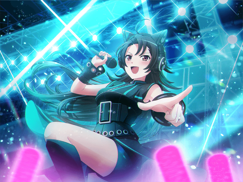 1girl akikaze_rui animal_ear_headphones animal_ears bang_dream! belt black_belt black_dress black_hair black_shorts brown_eyes cat_ear_headphones cat_ears cosplay dithering dress fake_animal_ears floating_hair game_cg glowstick headphones holding holding_microphone kneeling long_hair looking_at_viewer microphone official_art open_mouth penlight_(glowstick) pointing pointing_at_viewer shorts shoujo_kageki_revue_starlight shoujo_kageki_revue_starlight_-re_live- sleeveless sleeveless_dress solo stage stage_lights tamade_chiyu tamade_chiyu_(cosplay)